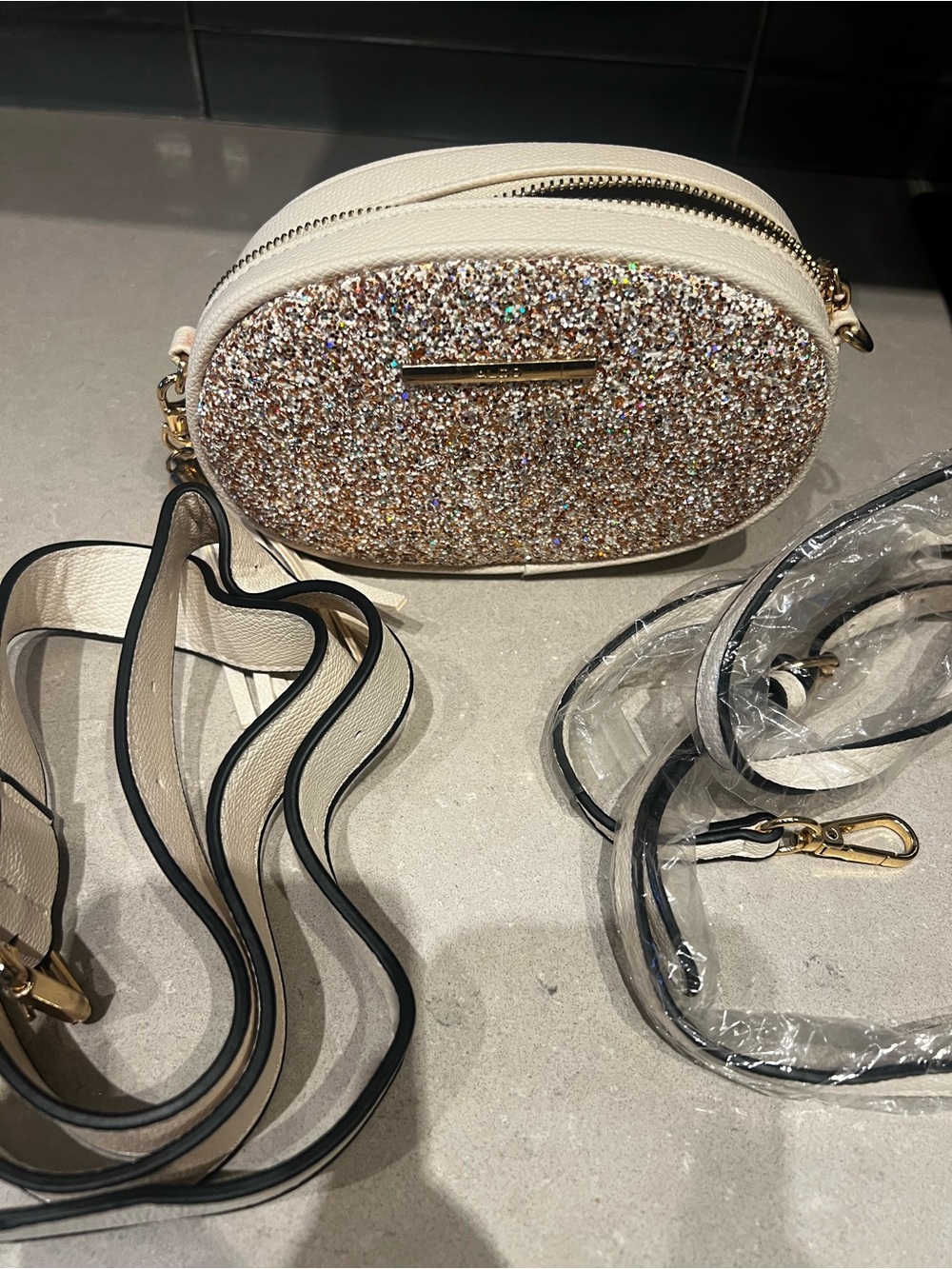Aldo Ivory Glitter Oval Crossbody Bag with Gold Accents